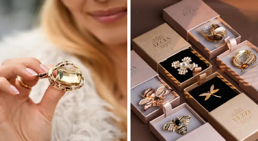 Elegancka biżuteria dla pielęgniarki: broszki w kształcie pszczół, ważki, krzyża i inne, w złotych odcieniach, w ozdobnych pudełkach.
