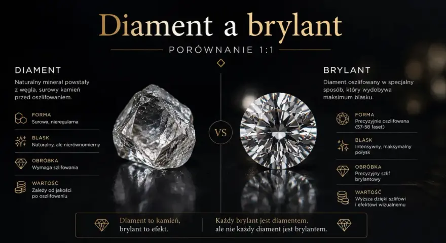 Porównanie surowego diamentu i brylantu po precyzyjnym szlifie. Brylant zachwyca blaskiem dzięki szlifowi.