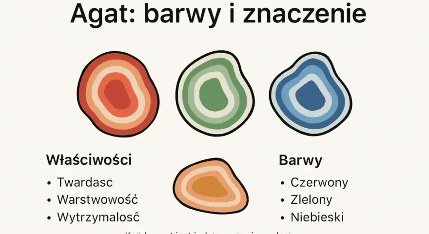 Agat: barwy i znaczenie. Ilustracja przedstawia trzy kamienie agatu w kolorach czerwonym, zielonym i niebieskim, a także czwarty w odcieniach pomarańczu. Wymieniono jego właściwości magiczne: twardość, warstwowość i wytrzymałość.