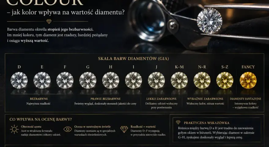 Skala barw diamentów GIA, od bezbarwnych po fantazyjne. Wyższa klasa barwowa oznacza większą rzadkość i wartość.