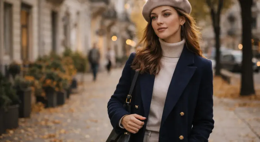 Elegancka kobieta w beżowym beretcie i granatowym płaszczu spaceruje po jesiennej ulicy. Oto jak nosić beret, by wyglądać stylowo.