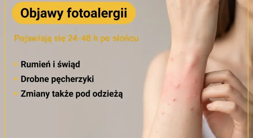 Objawy fotoalergii: rumień, świąd, drobne pęcherzyki pojawiające się po słońcu, nawet pod ubraniem.