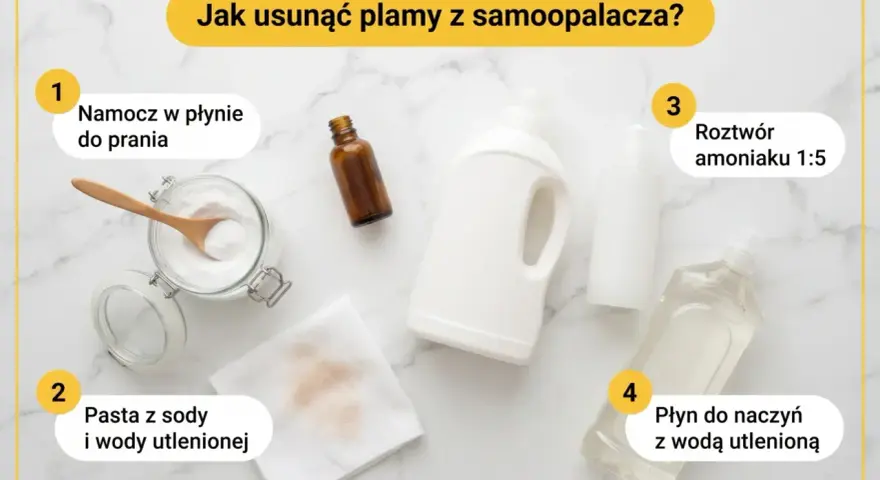 Domowe sposoby na plamy po samoopalaczu: namaczanie w płynie do prania, pasta z sody i wody utlenionej, roztwór amoniaku, płyn do naczyń z wodą utlenioną.