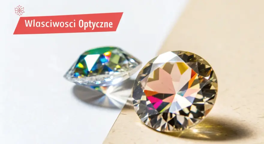 Dwa błyszczące kamienie, jeden z zielonymi refleksami, drugi z różowymi. Dowiedz się, co to cyrkonia i jakie ma właściwości optyczne.