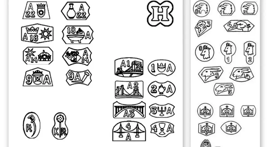 Kolekcja znaków probierczych, w tym próby platyny oznaczenia, przedstawiająca różne symbole i cyfry.