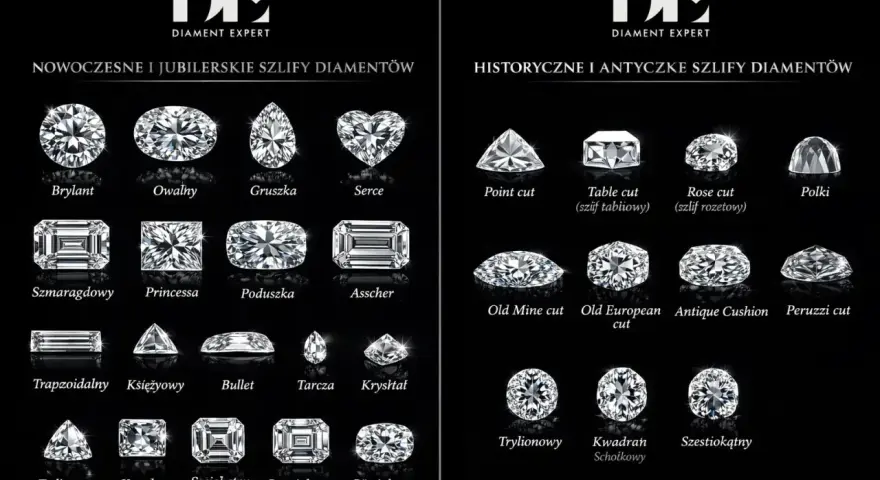 Nowoczesne i historyczne szlify diamentów: brylant, owalny, gruszka, serce, szmaragdowy, princessa, poduszka, asscher, point cut, table cut, rose cut, polki, old mine cut, old european cut, antique cushion, peruzzi cut, trapezoidalny, księżycowy, bulle...
