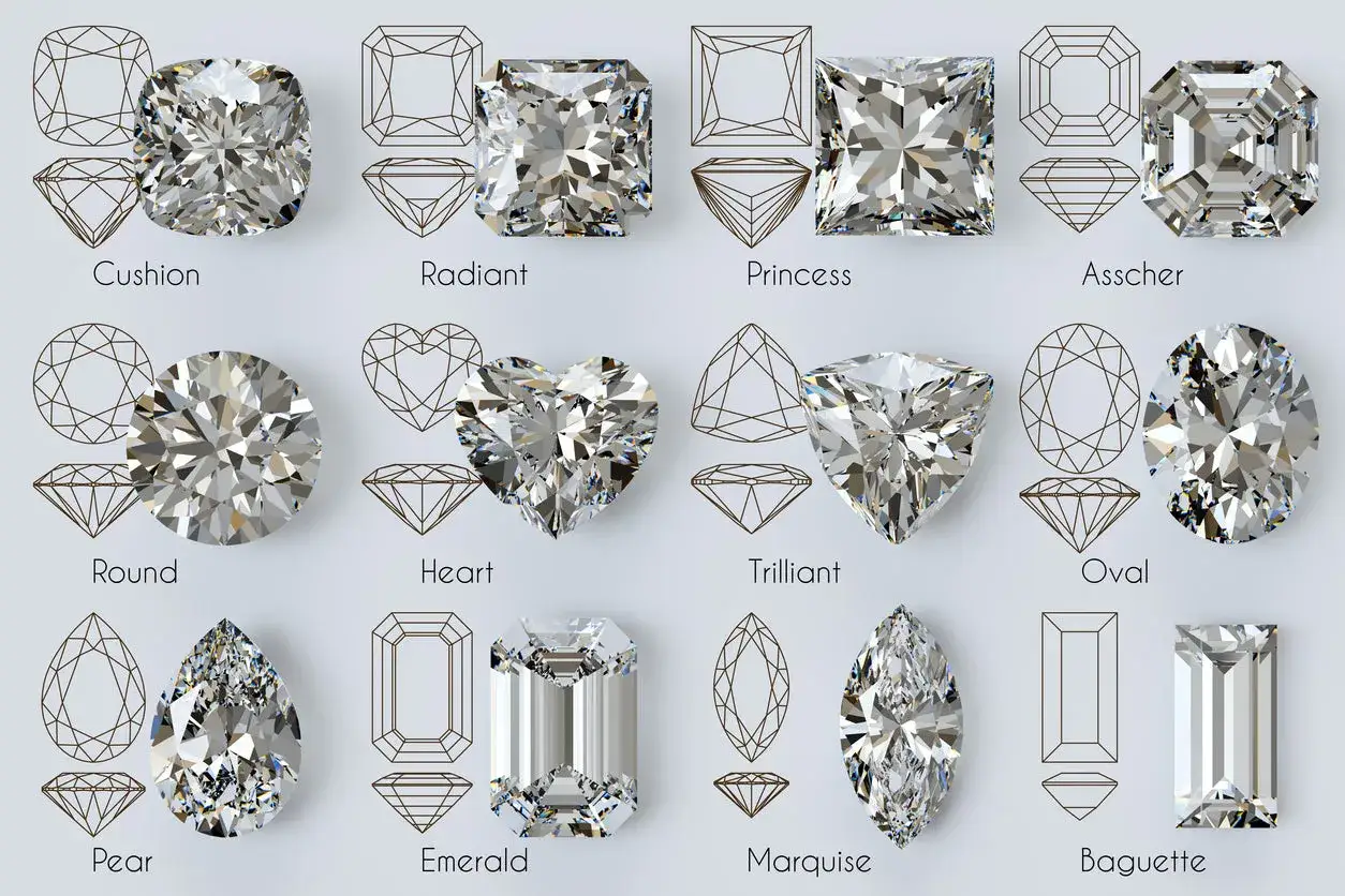 R&oacute;żne rodzaje diament&oacute;w: Cushion, Radiant, Princess, Asscher, Round, Heart, Trilliant, Oval, Pear, Emerald, Marquise, Baguette.