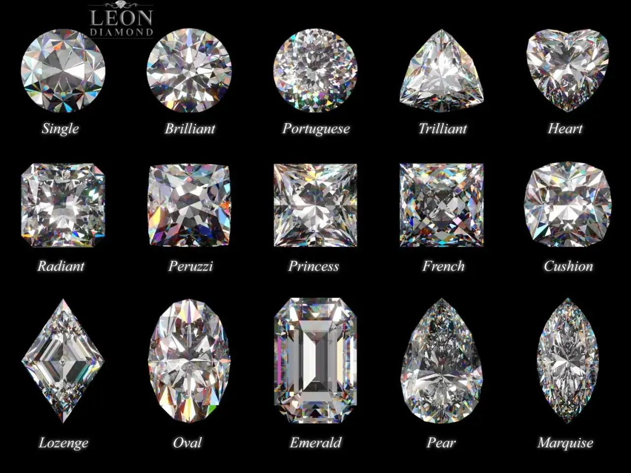 R&oacute;żne szlify diament&oacute;w: Single, Brilliant, Portuguese, Trilliant, Heart, Radiant, Peruzzi, Princess, French, Cushion, Lozenge, Oval, Emerald, Pear, Marquise. Każdy diament ma swoje unikalne znaczenie.