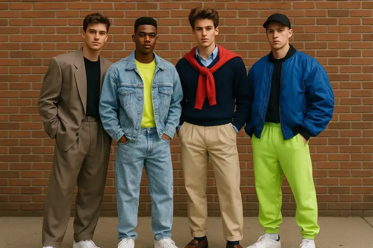 Czterech młodych mężczyzn w stylizacjach inspirowanych latami 80. polska moda: garnitur, jeansowa kurtka, sweter z czerwoną narzutką i bomberka z neonowymi spodniami.