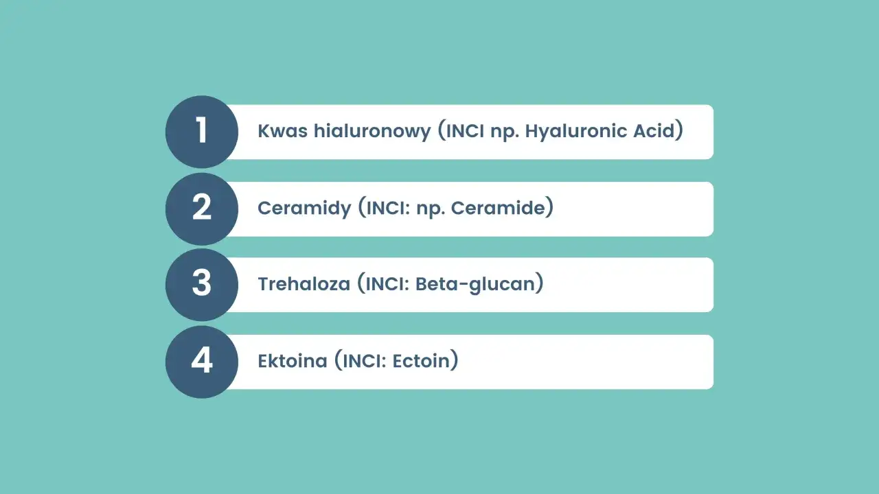 Lista kluczowych składników aktywnych: kwas hialuronowy, ceramidy, trehaloza i ektoina.