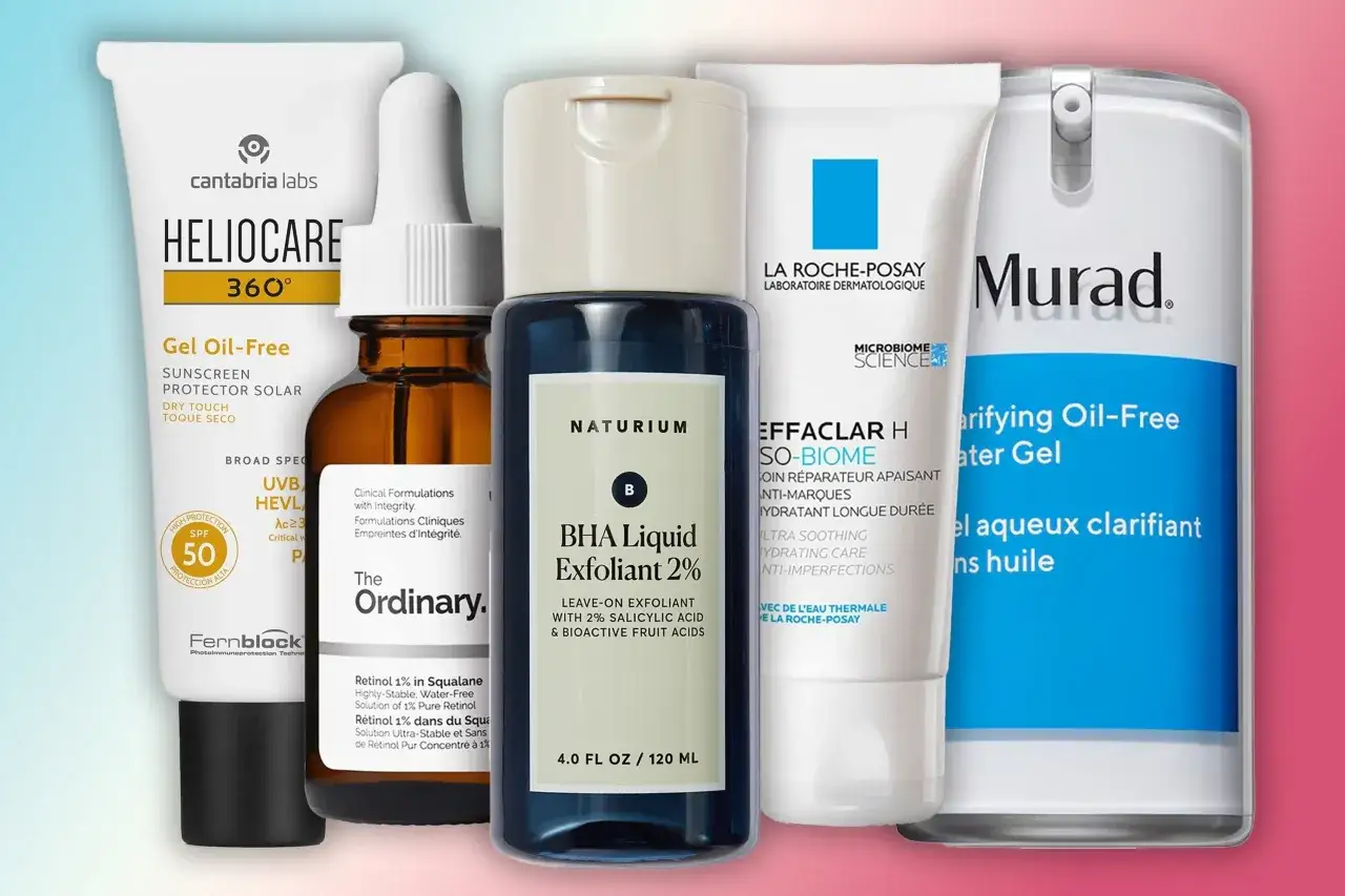 Produkty do pielęgnacji cery trądzikowej krok po kroku: krem z filtrem, serum z retinolem, peeling BHA, krem nawilżający i żel.