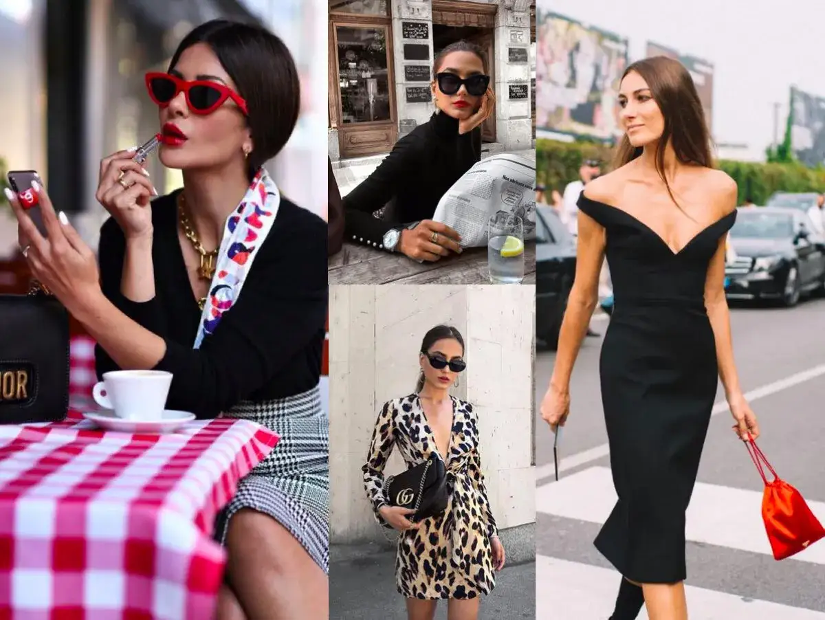 Włoszki w eleganckich stylizacjach: kobieta maluje usta przy stoliku w kawiarni, druga czyta gazetę, trzecia w sukience w panterkę, czwarta w czarnej kreacji na ulicy.