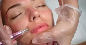 Zabieg dermapenem na twarzy, przygotowujący skórę na działanie retinolu. Skóra jest lekko zaczerwieniona, widoczne drobne nakłucia.
