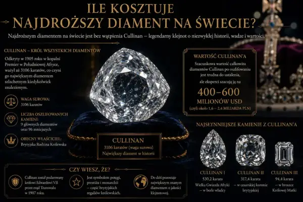 Największy diament świata, Cullinan, ważył 3106 karatów. Jego wartość szacuje się na 400-600 milionów USD.