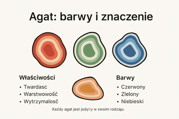 Agat: barwy i znaczenie. Ilustracja przedstawia trzy kamienie agatu w kolorach czerwonym, zielonym i niebieskim, a także czwarty w odcieniach pomarańczu. Wymieniono jego właściwości magiczne: twardość, warstwowość i wytrzymałość.